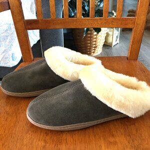 Minnetonka Women's Mule slippers Size 7 Grey suede and Cream Sheepskin NEW!